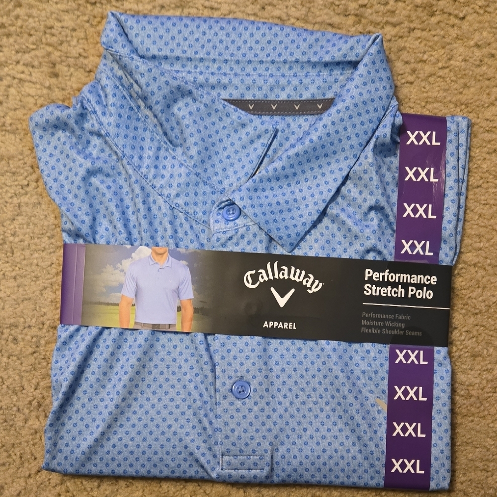NWT Callaway Men's Light Blue Patterned Stretcg Polo